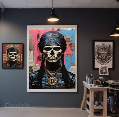 Decoração com a coleção exclusiva da Cavérik: caveiras e elementos streetwear em um espaço tatuado.