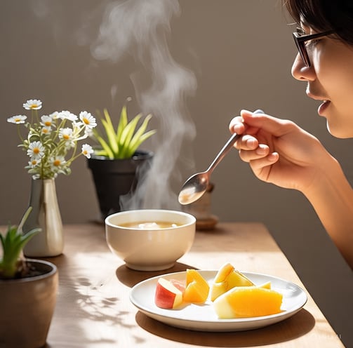 a woman is eating a bowl of fruit,Eating with awareness and minimalism