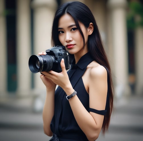 A beautiful Vietnamese girl is holding a red camera with cooke s8 lens mounted on the camera