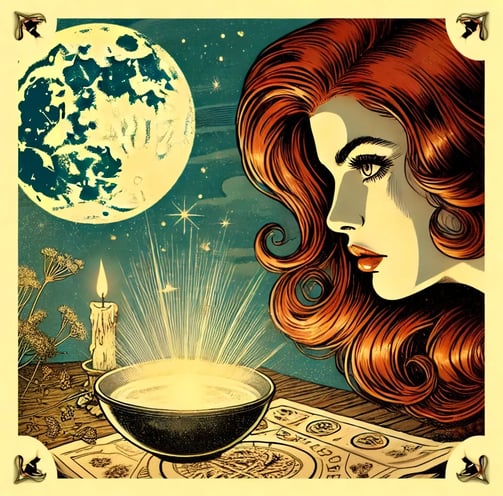 a woman with a bowl of soup in front of a moon