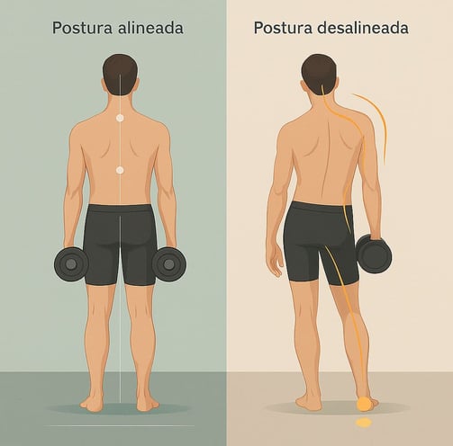 Comparación visual de postura alineada y postura compensada vista desde atrás