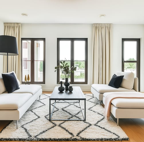 a minimalist living room with a couch and a table