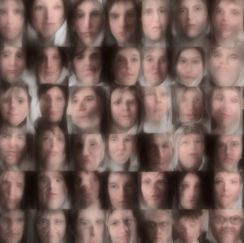An AI-generated image of the prompt, "prosopagnosia." A collage of faces with indistinct features.