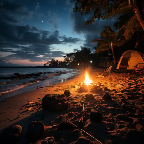 Beachside camping and bonfire Tinaga Island