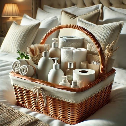 Panier contenant des produits d'accueil et consommables fournis aux voyageurs par Always Welcome.