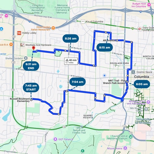 Map version of the table listing the route and times