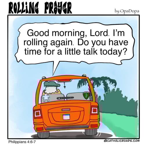 Cartoon man in his car beginning a prayer conversation with God.