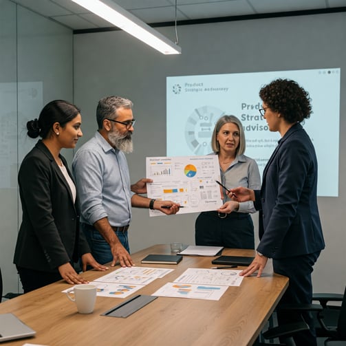 a group of people standing around a table using 312 Stategic Advisory expertise