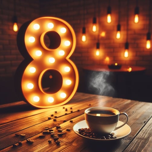 a number 8 on a table next to a coffee cup