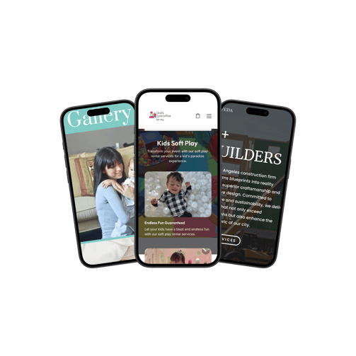 Three iPhones showing mobile-friendly websites, designed to look great on any small business device.