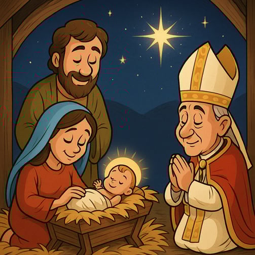 A cartoon style manger scene with Pope Leo XIV kneeling to worship our Lord.