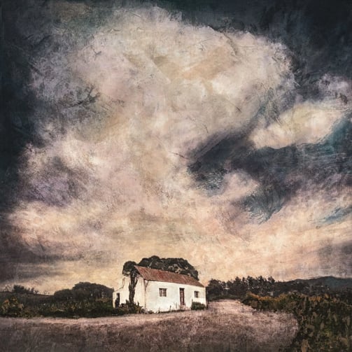 Textured landscape painting by Martin Osner showing a white farmhouse with a red roof under a large dramatic sky
