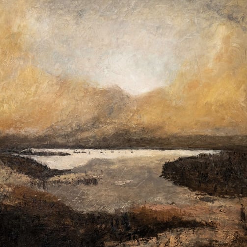 Textured landscape painting by Martin Osner showing a reflective river or lake surrounded by earthy hills under a golden sky