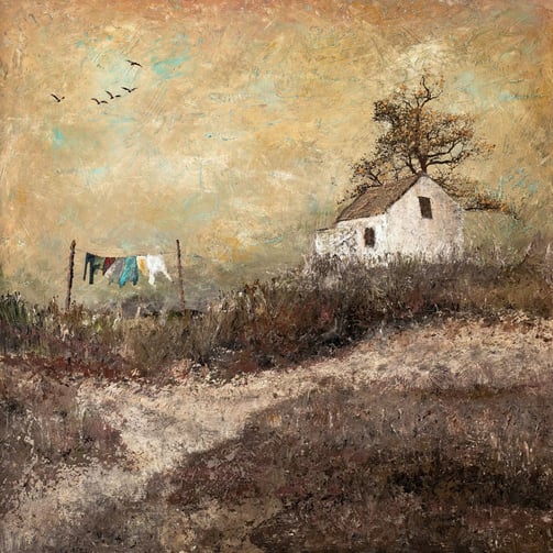Textured landscape painting by Martin Osner showing a white cottage on a hill with a tree behind it, a line of washing