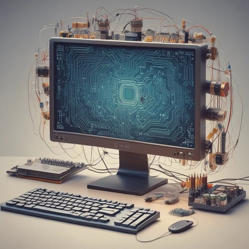A microcontroller development board, breadboard, and various electronic components are arranged on a surface. Wires connect the components, indicating a circuit setup. The setting is clean with a focus on electronics and hardware prototyping.