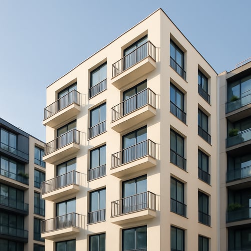 Edificio de apartamentos moderno con balcones y fachada clara, rodeado de otros edificios residencia