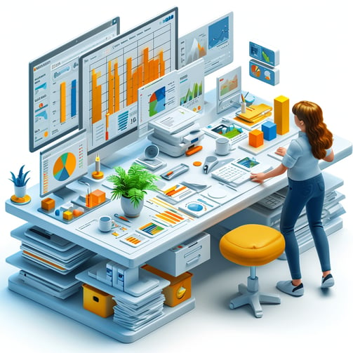 a woman working on a computer desk evaluating digital twins performance charts