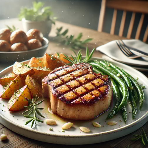 Photo of a plated grilled pork chop with side dishes.