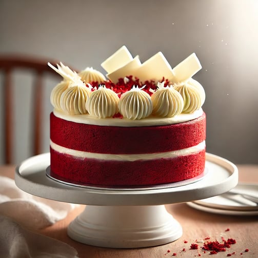 A picture of a beautiful red velvet cake ready to be served.