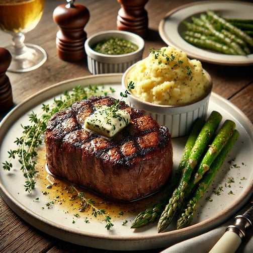 Tempting picture of a tasty steak, perfectly grilled and served with delightful sides in a backyard 