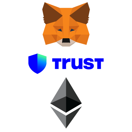 Logos of MetaMask TrustWallet and Ethereum