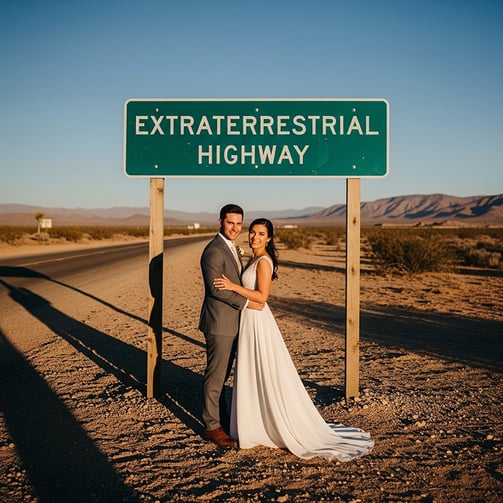 a bride and groom standing in front of a sign that says extraterrestial