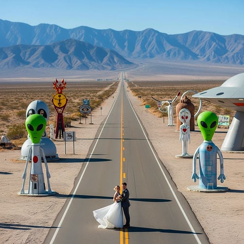 a man and a woman are standing in front of alien - like alien - like