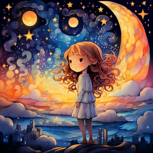 a girl standing on a hill with a moon in the background
