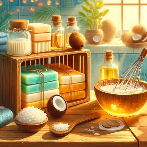 a kitchen counter with a bowl of coconut oil and a whisk of coconut