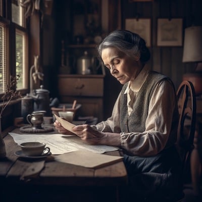 Peter Pickering's alter ego, Lily Wren, sitting at a table with a cup of tea and reading a letter