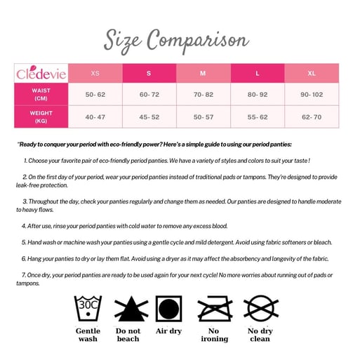 period wear undies panties care and size chart