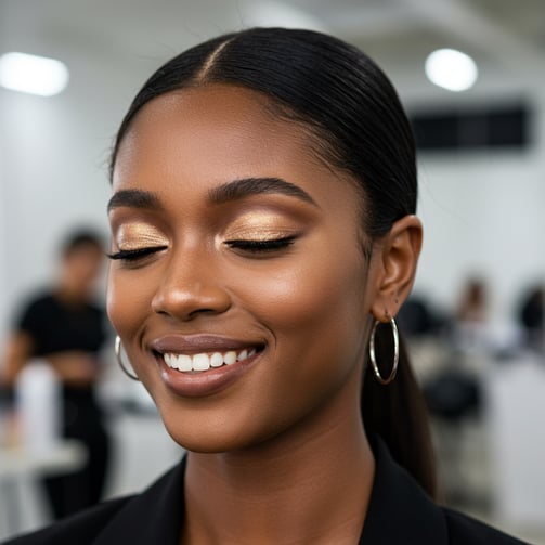 a woman smiling with black hair, eyes closed wearing gold eyeshadow