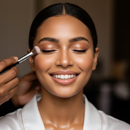 a woman with a makeup brush and a makeup brush