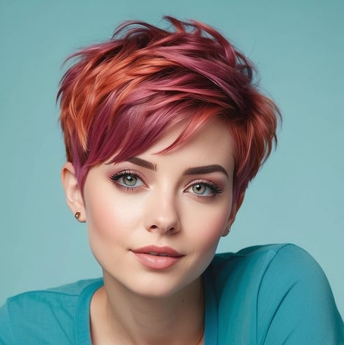 Retrato de mulher com corte de cabelo Pixie e acessório de cabelo.