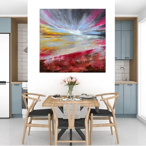 a painting of a painting of a sunset over a table