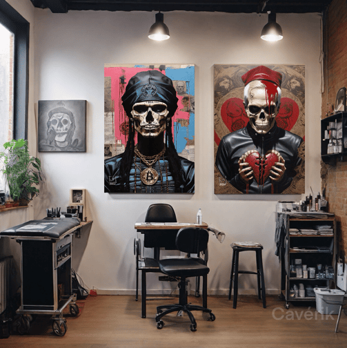 Ilustração vibrante de caveira e tatuagem, adornando as paredes do estúdio de tatuagem Cavérik.