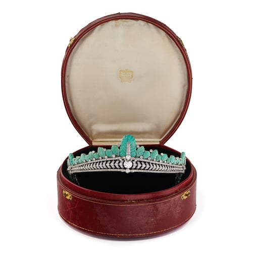 Cartier tiara in original red fitted case, owned by Nancy Astor.