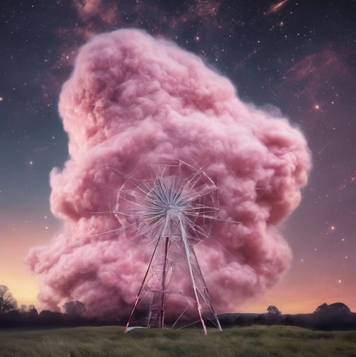 a windmill with a pink candy floss cloud in the sky