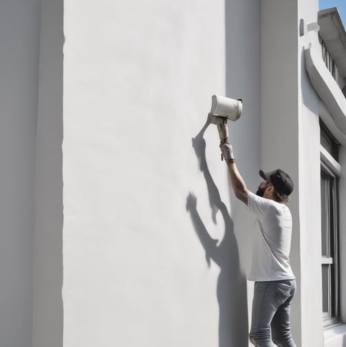 A person wearing protective clothing is painting the exterior of a building while crouched on a narrow ledge. Next to the person is a satellite dish attached to the wall. Several windows are open above the person, providing some ventilation.