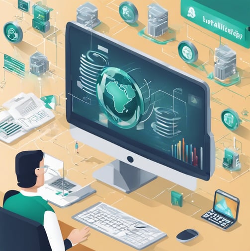 The picture shows someone sitting in front of a computer working, along with other devices.