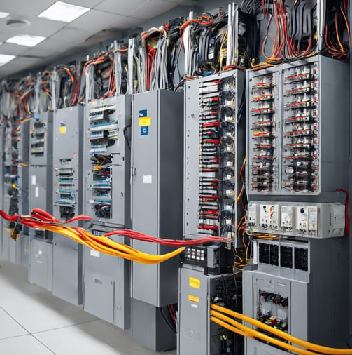 a large group of electrical equipment in a room