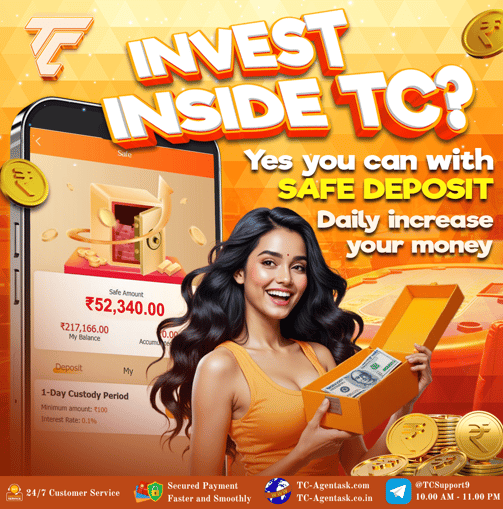 a woman holding a box with money and coins