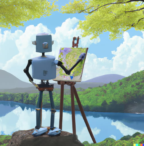 a robot painting the landscape