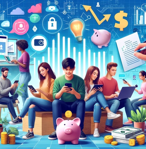Diverse Gen Z individuals using financial apps, surrounded by icons of money, savings, investments,
