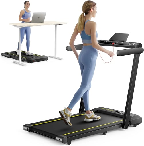 a woman in a blue top and leggings on a treadmill