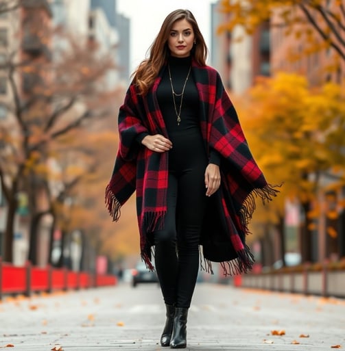 Fall fashion idea with plaid poncho, black bodysuit, leather ankle boots
