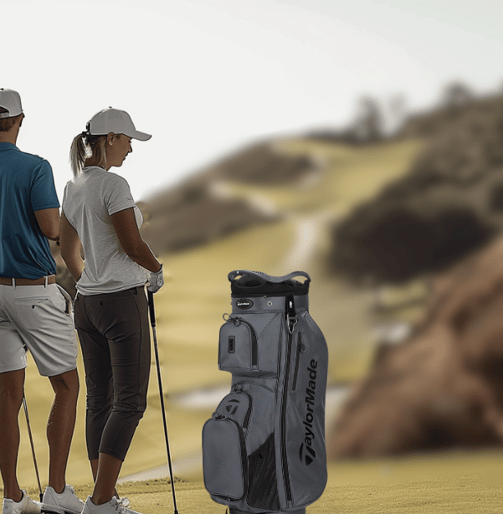 a man and woman golf players standing on a golf course