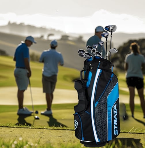 a man holding a golf club bag with a golf club in the background