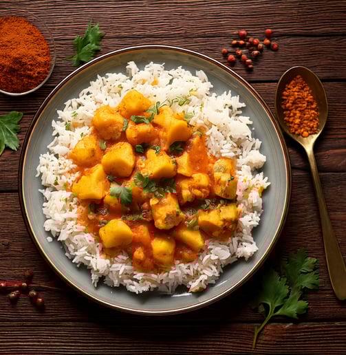 a bowl of alu gobi with rice