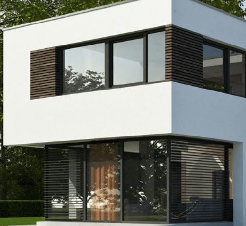 a modern house with a wooden exterior and a large window